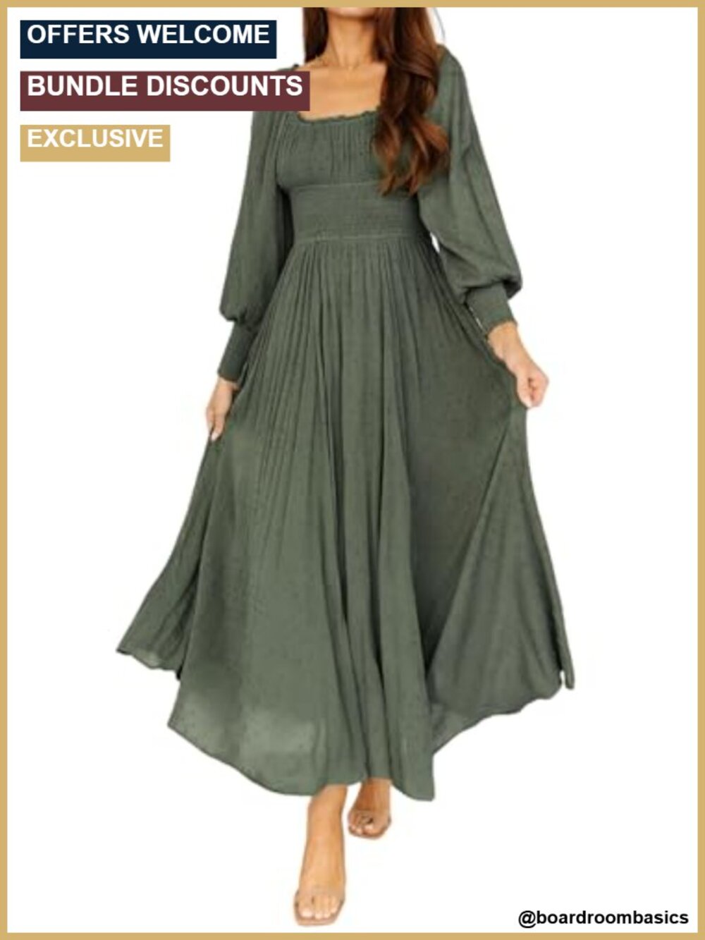 Women's Long Sleeve Square Neck A-Line Maxi Dress with Empire Waist